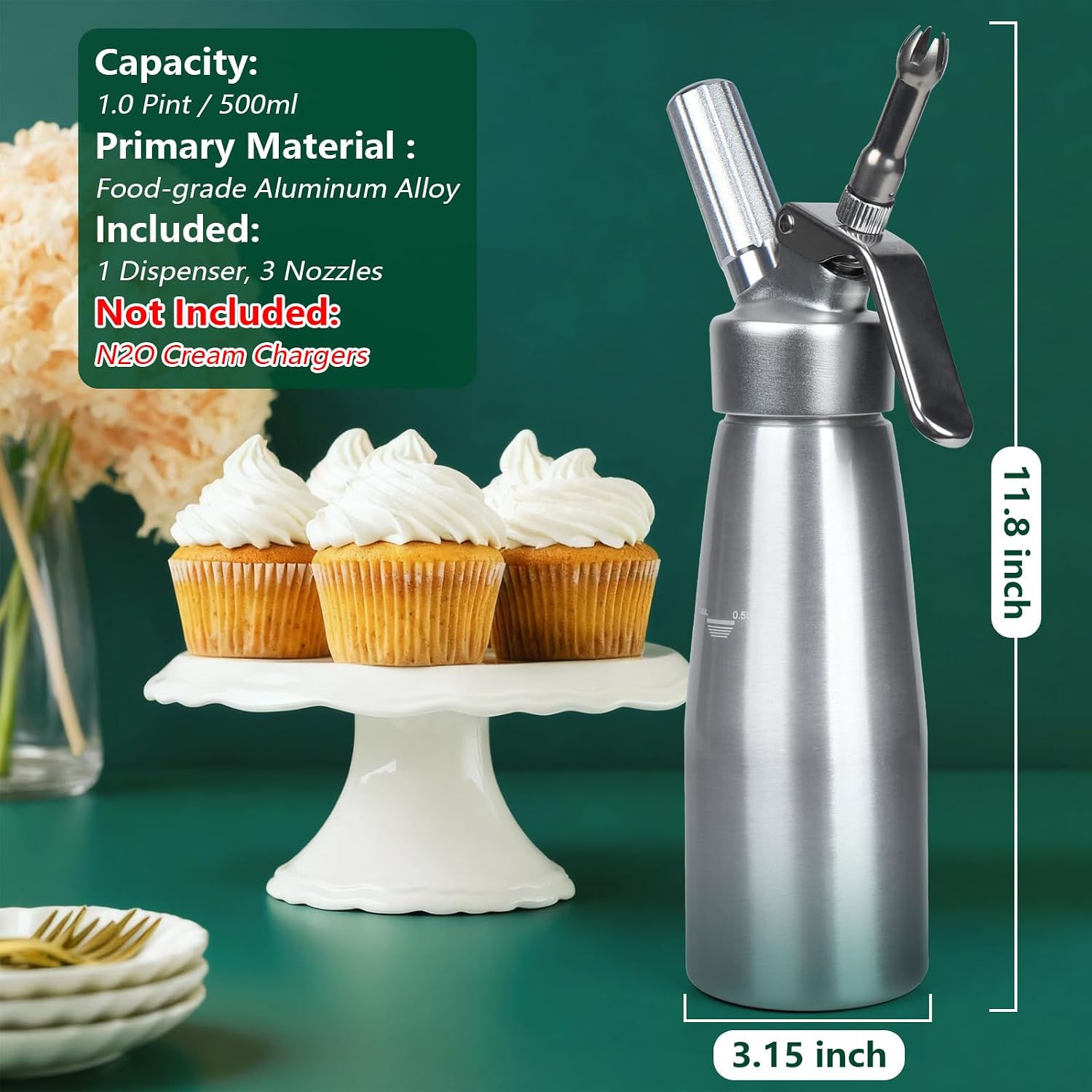 Whipped Cream Dispenser 500ml, 1 Pint Aluminum Whipped Cream Canister with 6 Decorating Nozzles, Leak-Proof Whipped Cream Maker Cream Whipper for Desserts & Drinks（N2O Charger not Included）