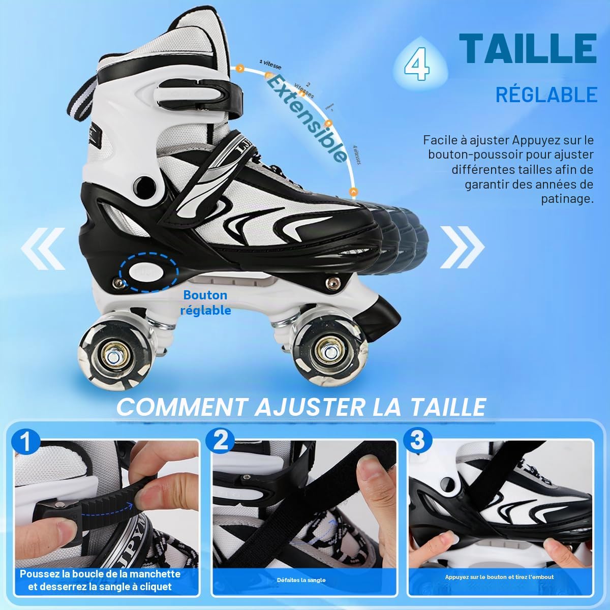 Patins à roulettes réglables pour Enfants Filles débutants | Réglables en 4 tailles