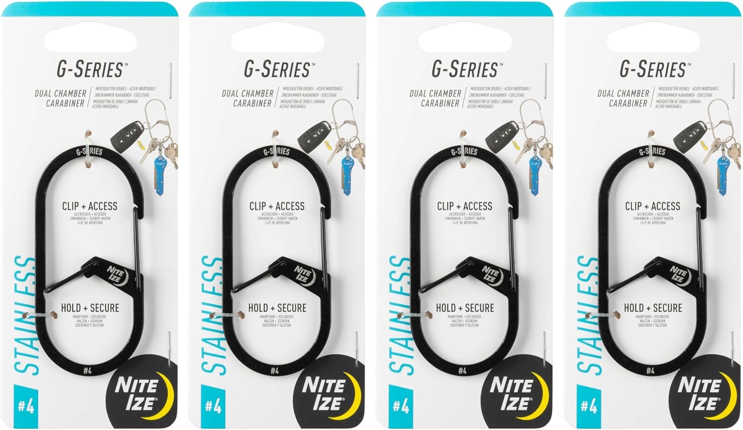 Nite Ize G-Series Dual Chamber Carabiner - Heavy-Duty Key Organizer Carabiner Clip - Dual Chamber Carabiner with Wire Gate Closure - Black, Size 4 (4 Pack)