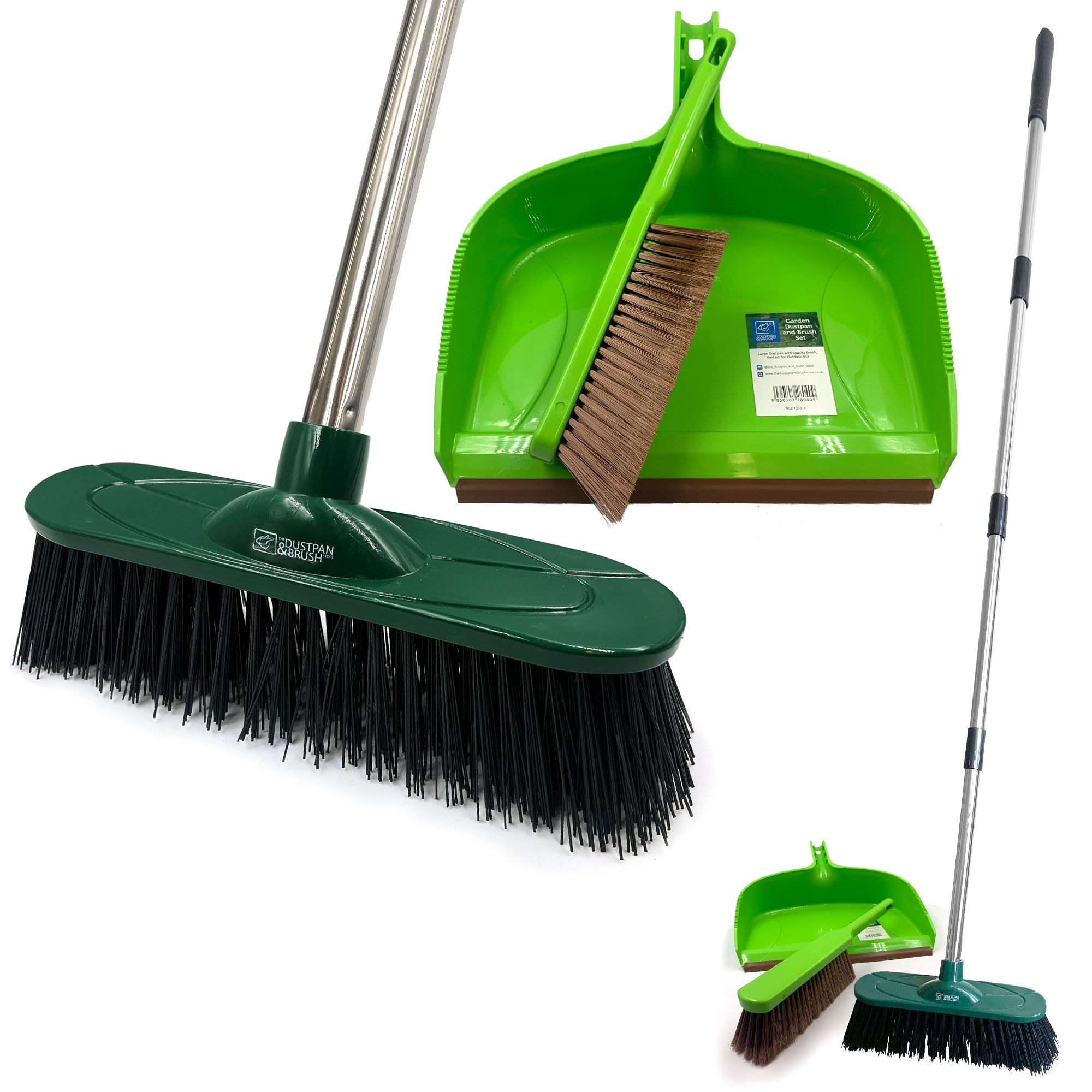 Tdbs The Dustpan And Brush Store Green Outdoor Broom With 4-Piece Handle, Garden Dustpan And Brush Sets, Stiff Bristles Brush And Pan Set, Dustpan With Serrated Edges, Leaf Collector For Patio, Decking, Driveway Cleaning