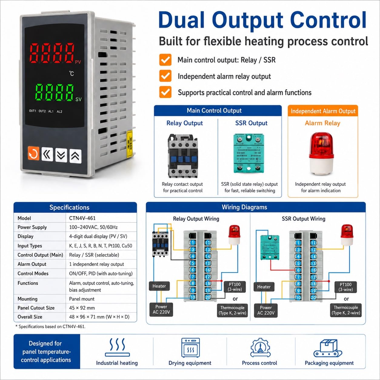 Controlador de Temperatura Digital PID CTN4V-461 Salida Dual Relé/SSR Panel 48x96mm Termostato Inteligente Industrial 100-240V Entrada Universal Termopar PT100(CTN4L-43A1R 4-20ma RS485)