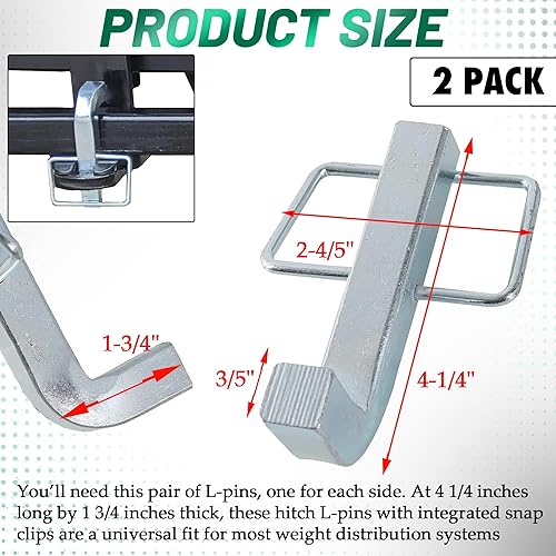 Miniatura 2 de TonGass Paquete de 2 pines L de alta calidad para enganches de distribución de peso, 4 14 pulgadas x 1 34 pulgadas con clips de presión integrados,