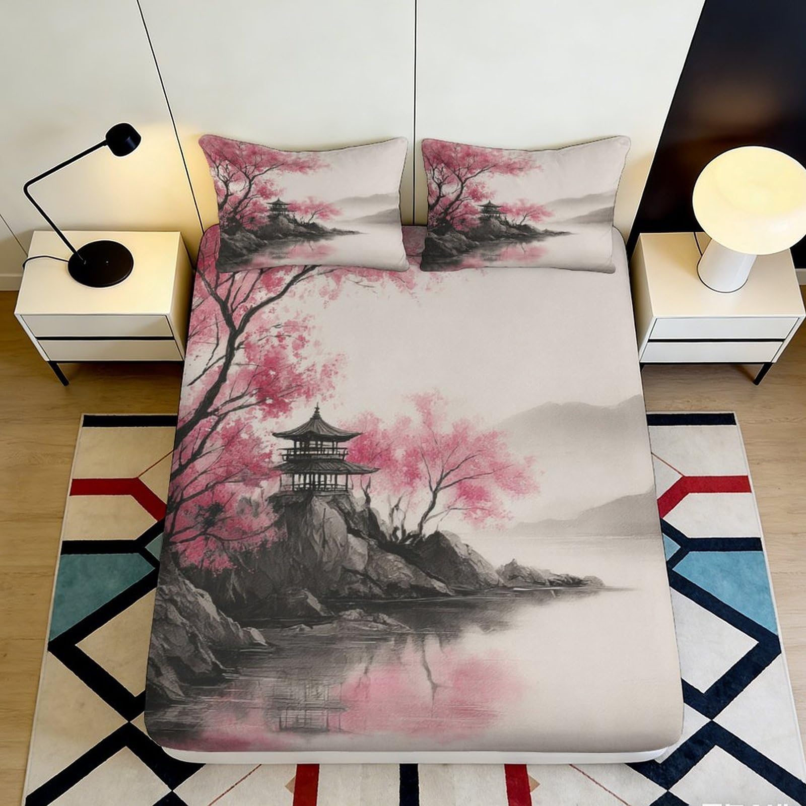 3D Printed Oriental Landscape Fitted Sheet Microfiber Soft Pink Blossom Bed Cover for Bedroom Guest Room Decor 90x200x25cm