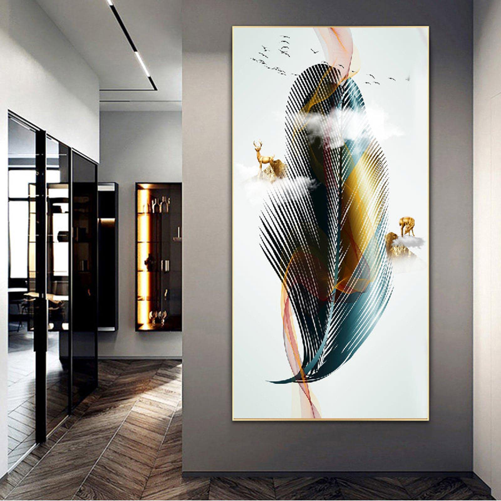 Toile aquarelle moderne plume bleue 50x100cm pour relooker sans cadre