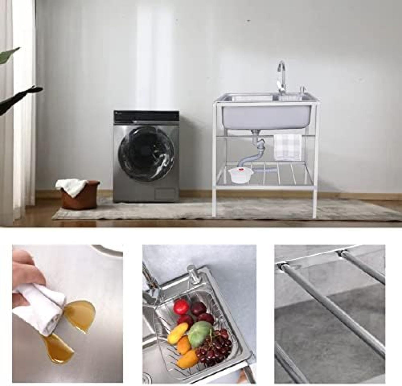 Allzweckwaschbecken, Wäschewanne Mit Ständer Und Heißem Kaltwasserhahn, Einzelbecken-Küchenspüle Aus Edelstahl, Mehrzweck-Waschbecken, Tragbares Waschbecken Für Waschküche, Garage, Keller, Außen-