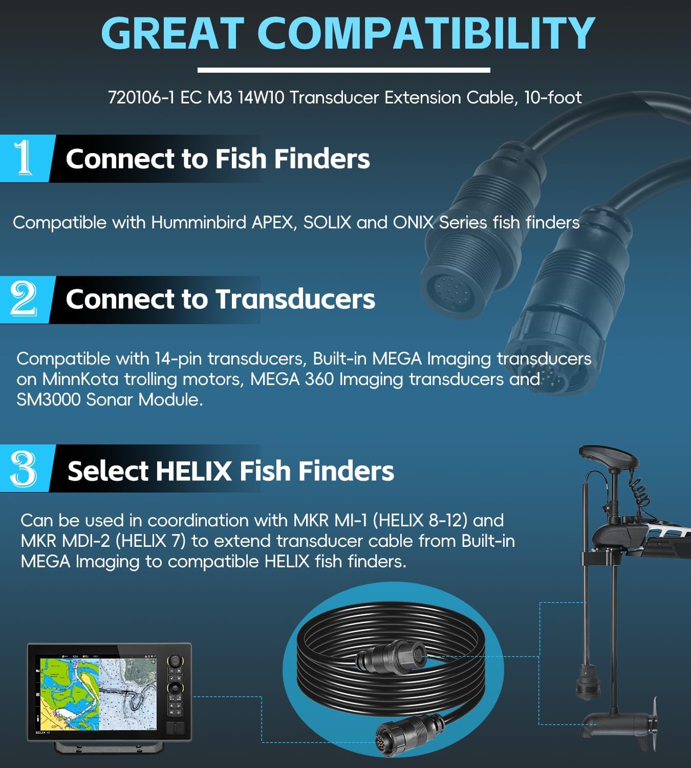 720106-1 EC M3 14W10 10' Transducer Extension Cable Fit for Humminbird XPLORE/APEX/SOLIX Series, and Built-in MEGA Imaging On Select Minn Kota Trolling Motors