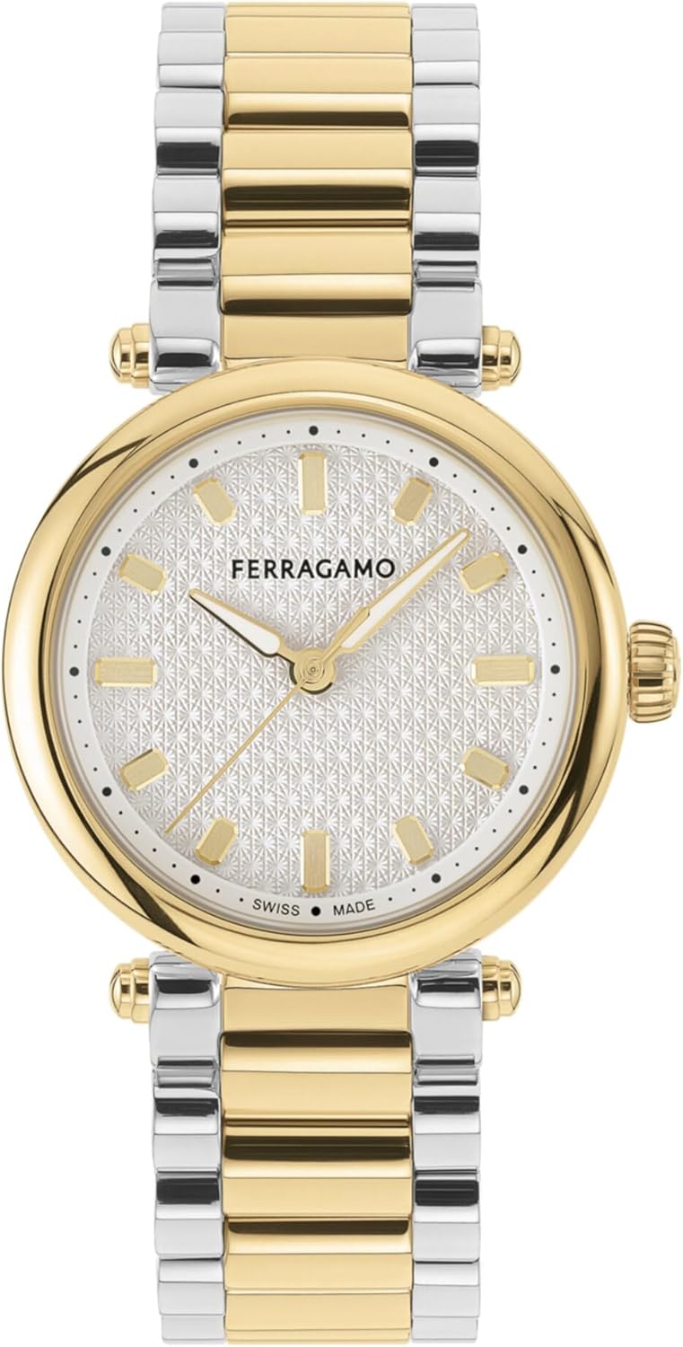 Ferragamo Ferragamo Softy Collection Luxury Womens Watch Timepieces with a Two Tone Bracelet and Case Featuring a Silver Dial