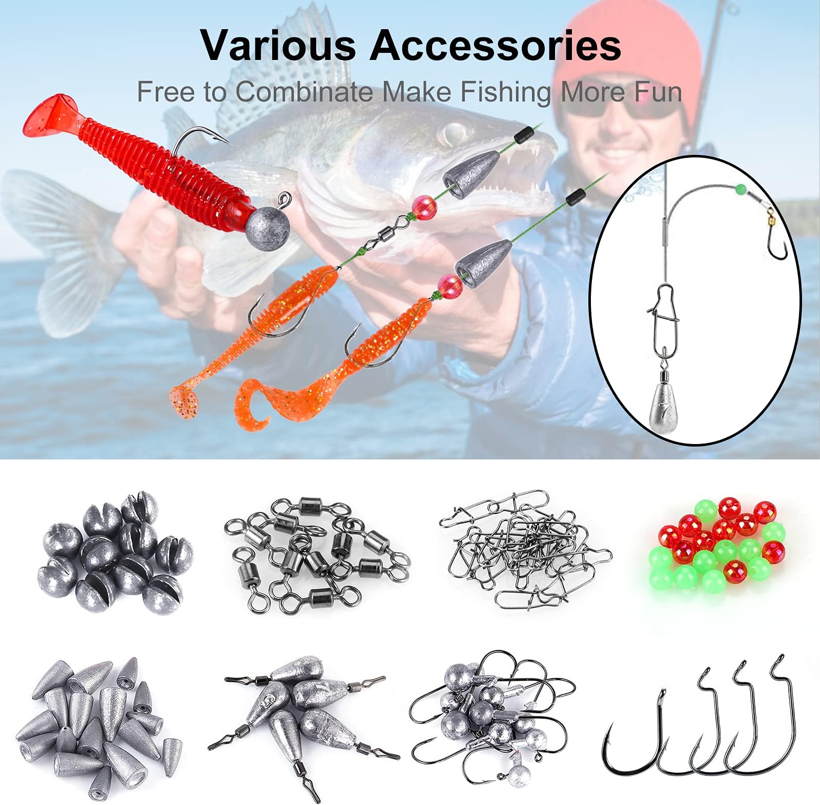 TOPFORT 187/343pcs Fishing Accessories Kit, Organized Fishing Tackle Box with Tackle Included, Fishing Hooks, Fishing Weights Sinkers, Fishing Gear and Equipment, Fishing Gift for Men