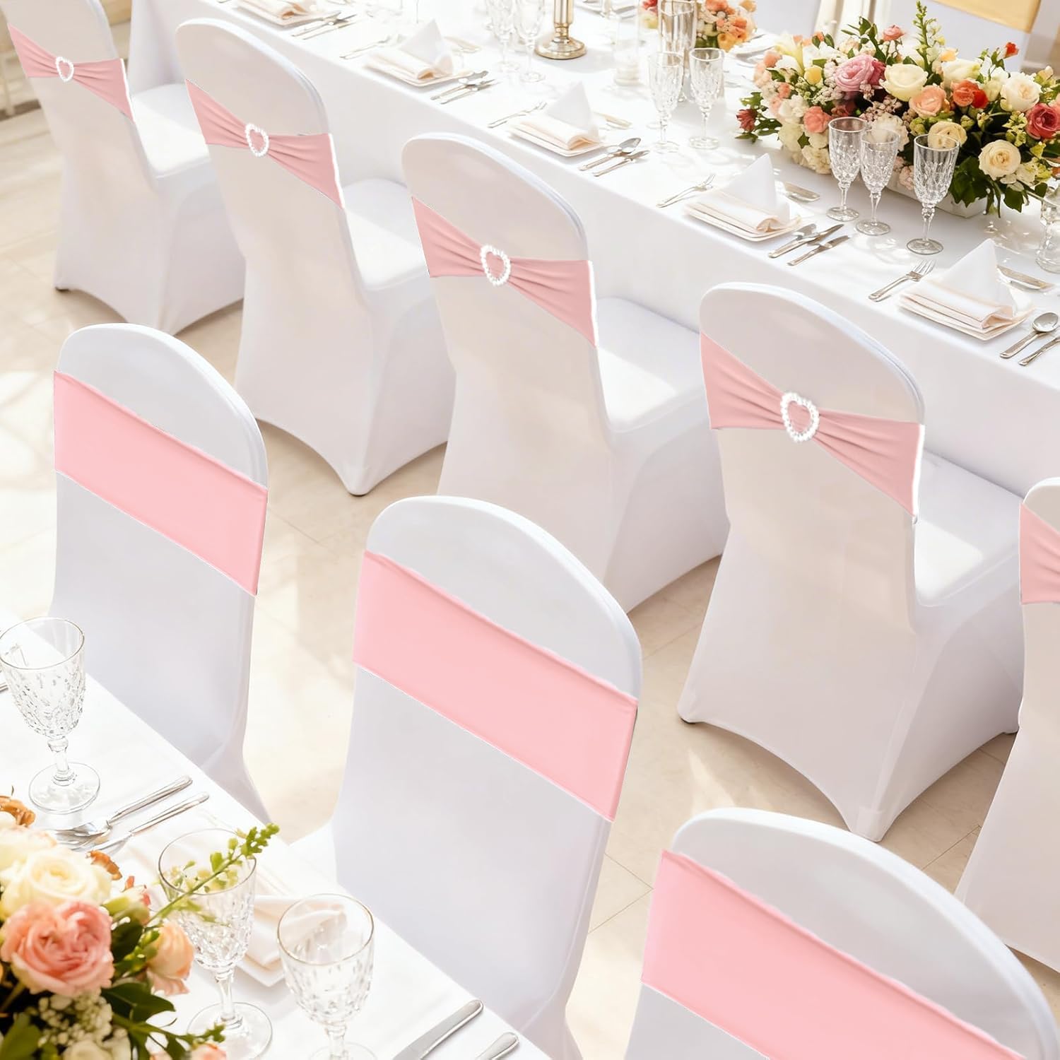 Spandex Pink Chair Sashes Bows 50 Pack Stretch Chair Cover Bands with Buckle Slider Elastic Chair Ties for Wedding Banquet Party Event Decoration