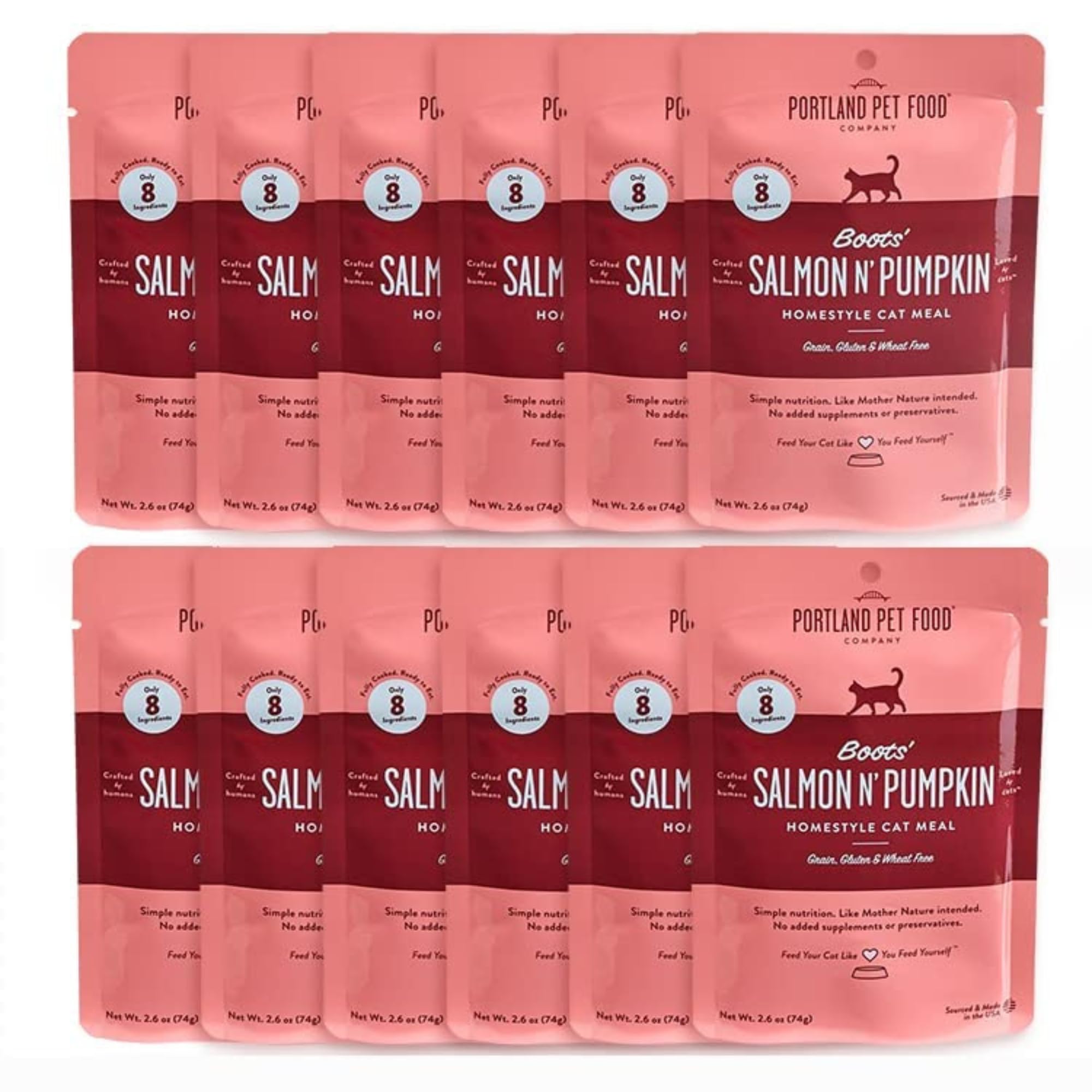 Human-Grade Mixed Variety Pack Wet Cat Food Pouch Boots' Salmon N' Pumpkin - Moist, Soft Cat Food Mixer, Topper, and Rotational Meal by Portland Pet Food Company -12 Pack