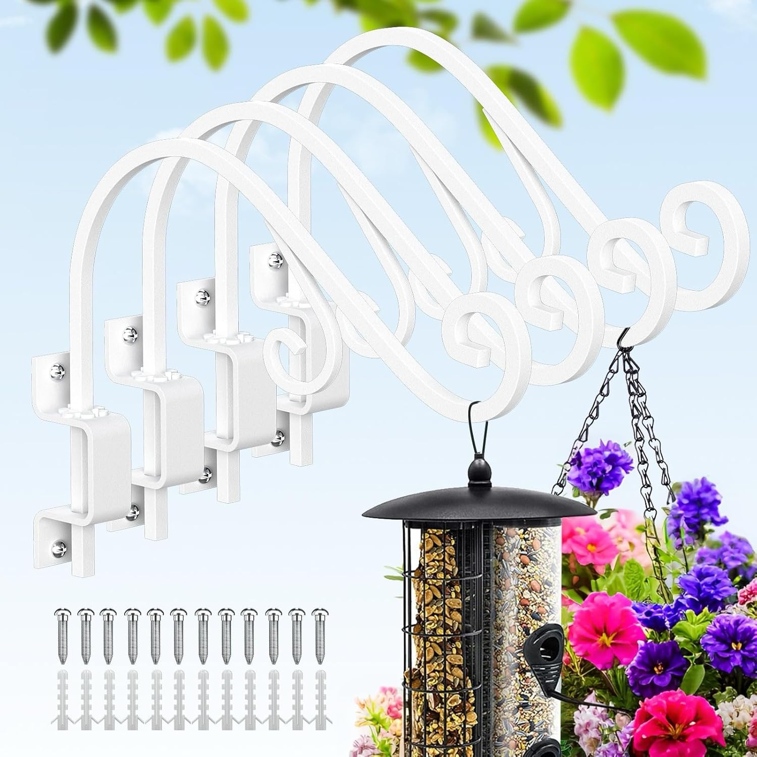Swivel Plant Hangers Outdoor: 4 Pack 16 Inch Metal Hanging Plant Bracket Bird Feeder Wall Hooks Heavy Duty Plant Hangers Indoor Wall Mount Plant Hooks for Hanging Baskets, Lanterns, Wind Chimes, White