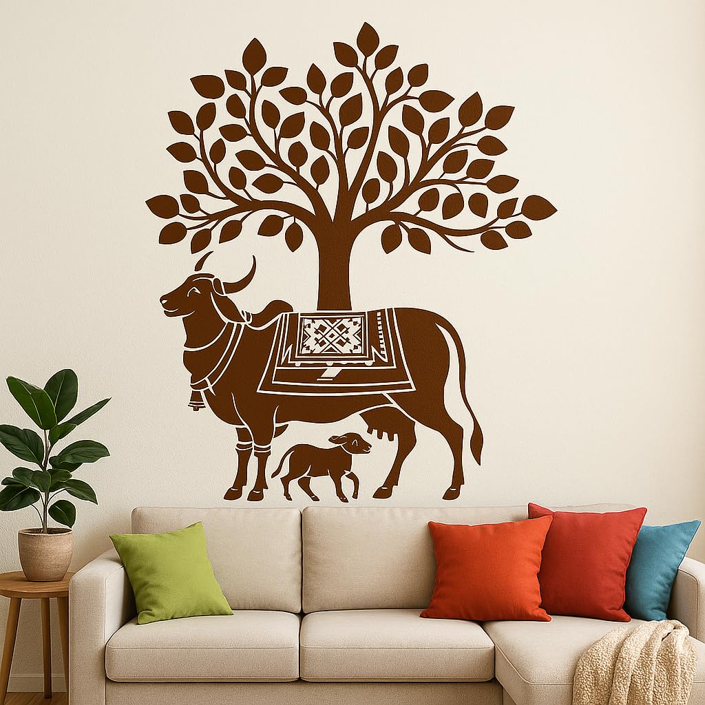 Kamdhenu Cow and Calf Wall Sticker | Holy Cow Hindu Religion Sacred God Creative Colorful Vinyl Decal (100 x 80 cm) for Bedroom, Living Room, Kitchen & Office Home Decor