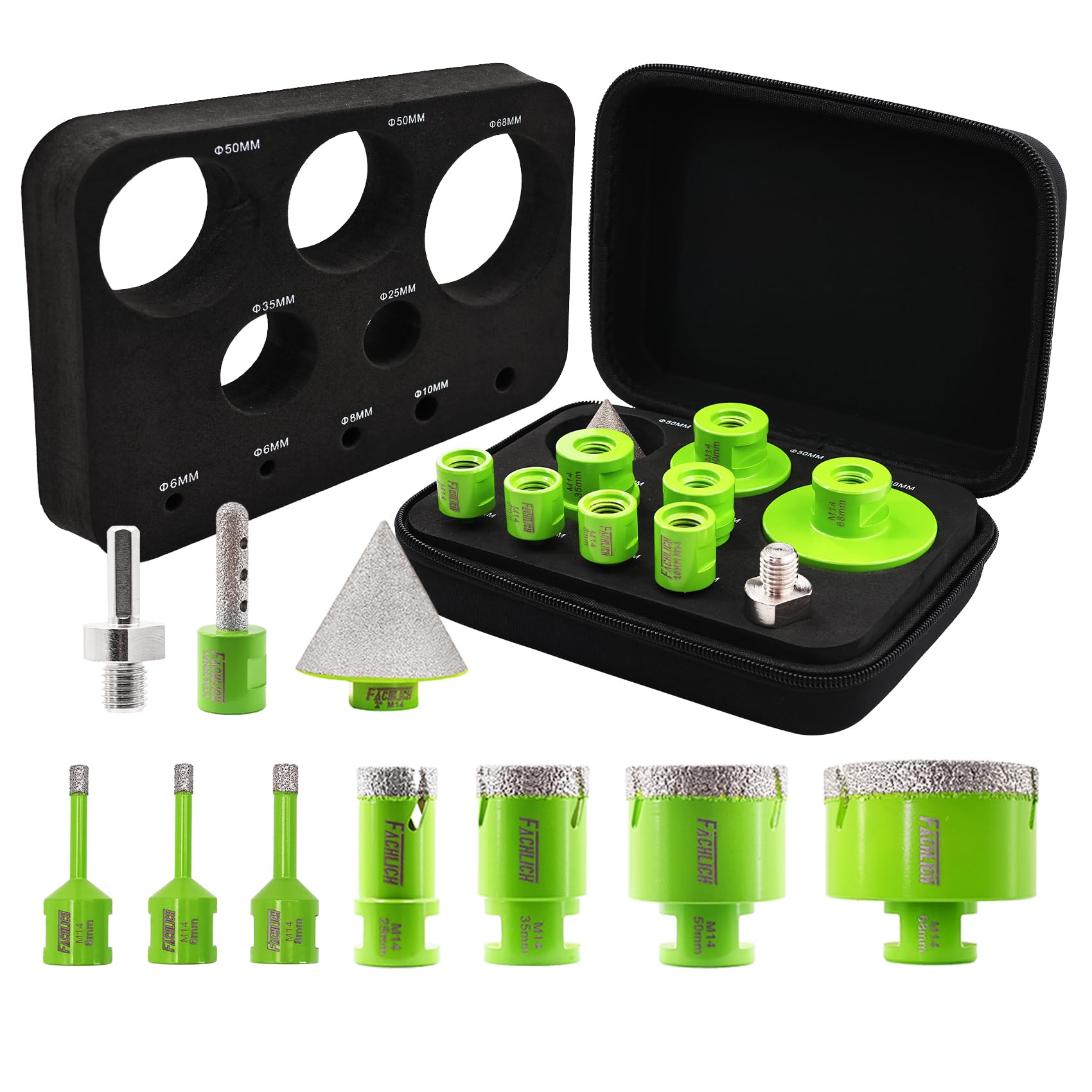 Diamond Tile Hole Saw Kit - FACHLICH M14 Core Drill Bits Set 10pcs (6/6/8/25/35/50/68mm+10F+50B+Hex Adapter) for Tile Porcelain Granite Marble