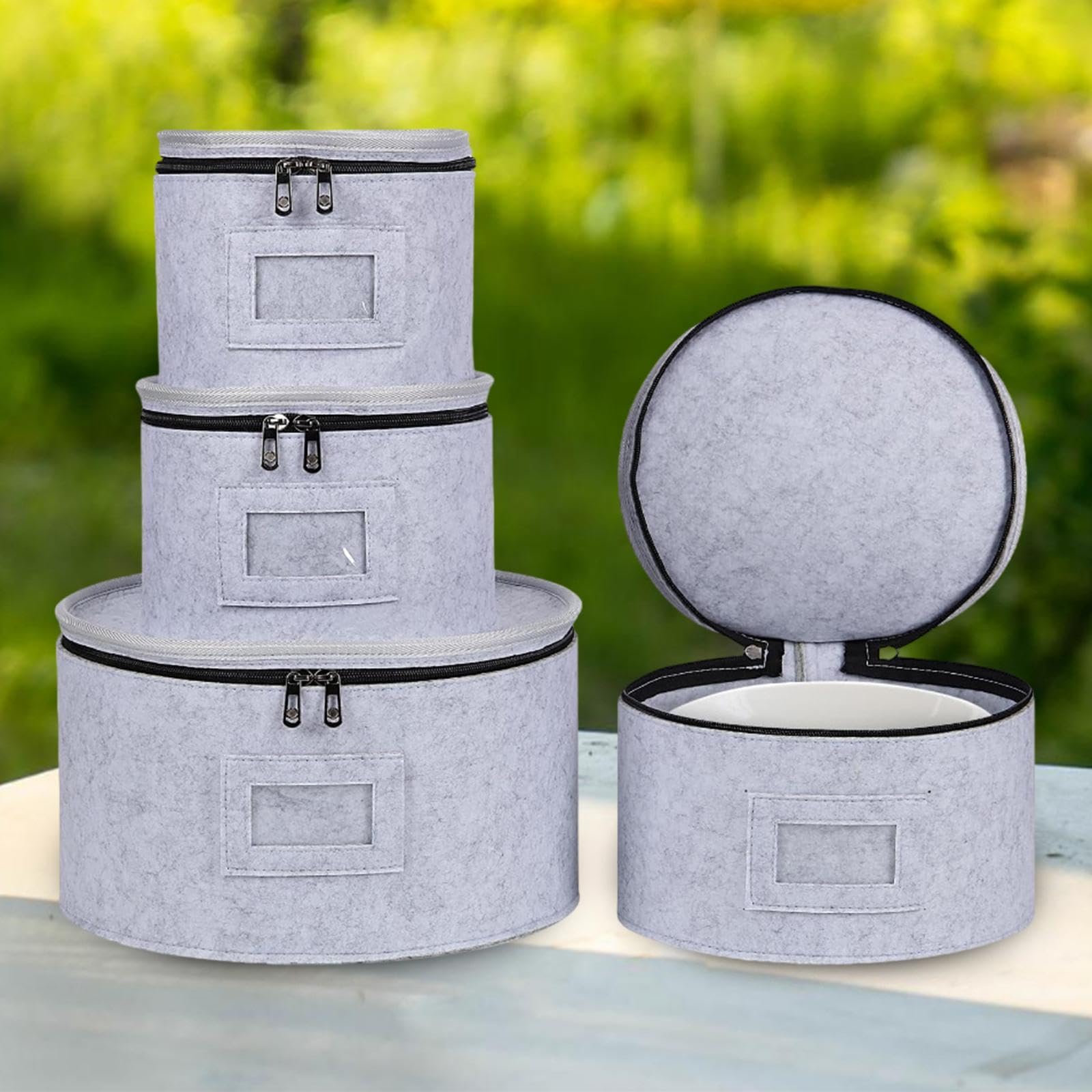 KESOTO Juego de 4 Recipientes para Utensilios de Cocina, Organizador de Vajilla y Vasos con Tapa, Organizador de Platos para Casa y Camping, Gris Claro