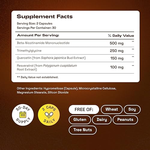 Miniatura 7 de Complejo de suplementos NAD+ - Suplemento NMN  Quercetina  TMG  Resveratrol - Apoya la energía celular y los niveles de NAD+ - 60 cápsulas - Probado