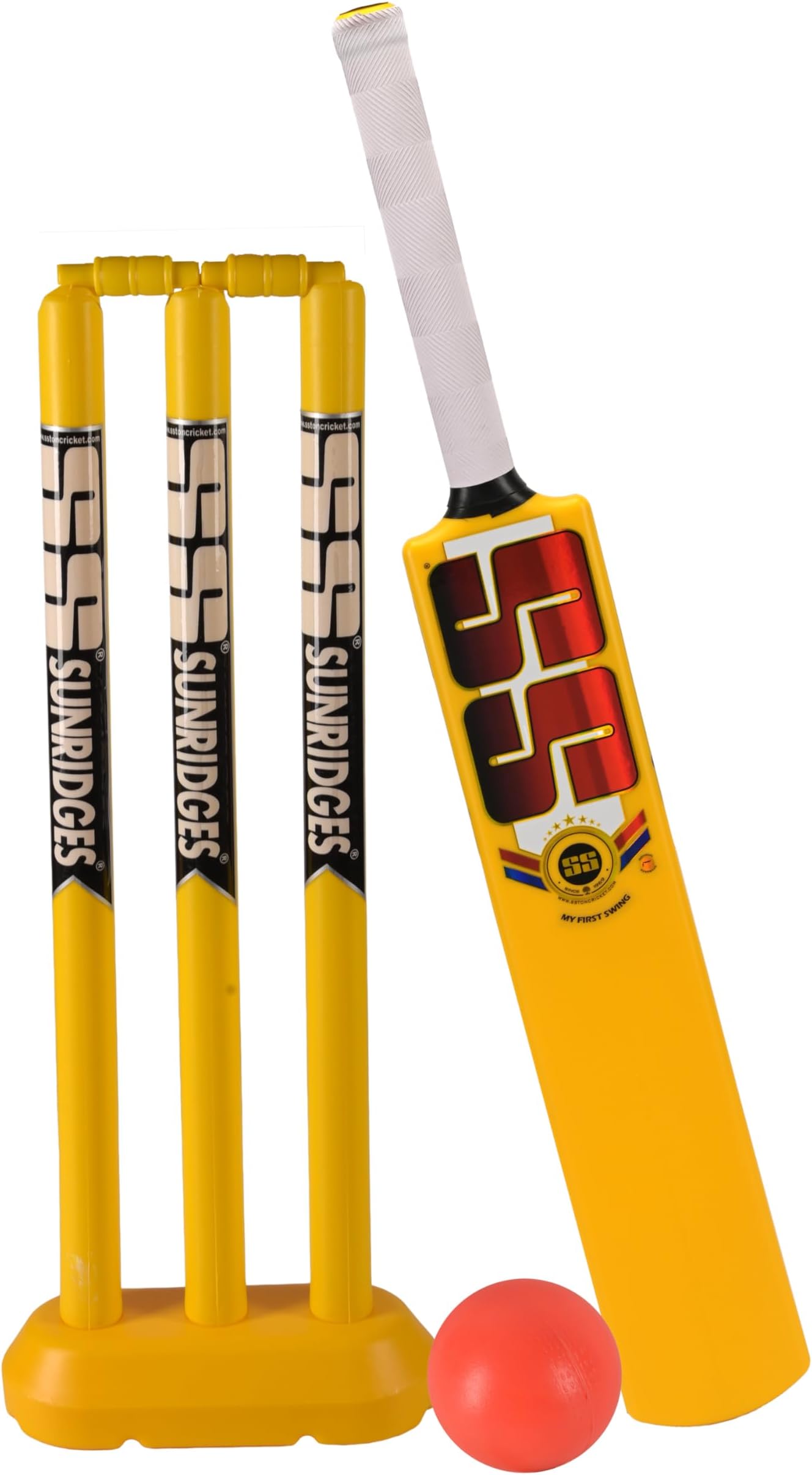 SS My First Swing Cricket Kit – Complete Starter Set with Size 1 Bat, 3 Plastic Stumps, Base, Bails & 1 Ball (Available in Blue & Yellow)