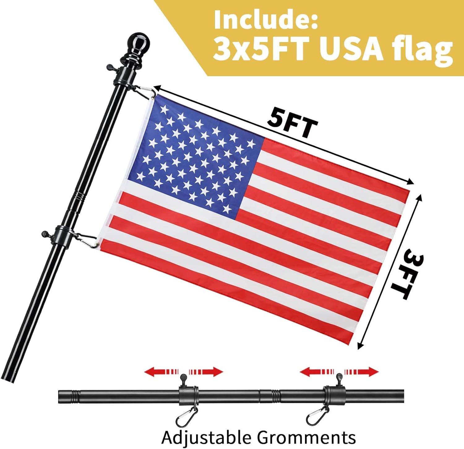 Flag Poles for Outside in Ground, 8.2FT Telescoping Flag Pole Kit for Yard with 3×5FT American Flag, Stainless Steel Portable Residential Flag Pole with 3×5FT American Flag for House (1 Pack, Black)