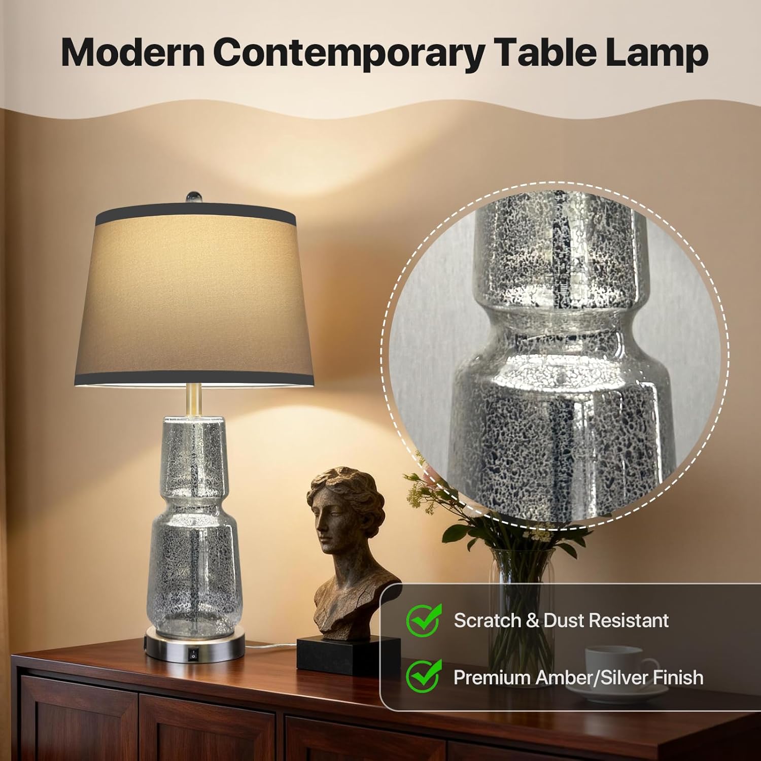 Glass Table Lamp Set of 2 with USB A+C Ports, Dual Light Sources with Nightlight for Sleep, 3-Color Adjustable Bedside Lamps, 26" Textured Silver Lamps for Bedroom, Home Office