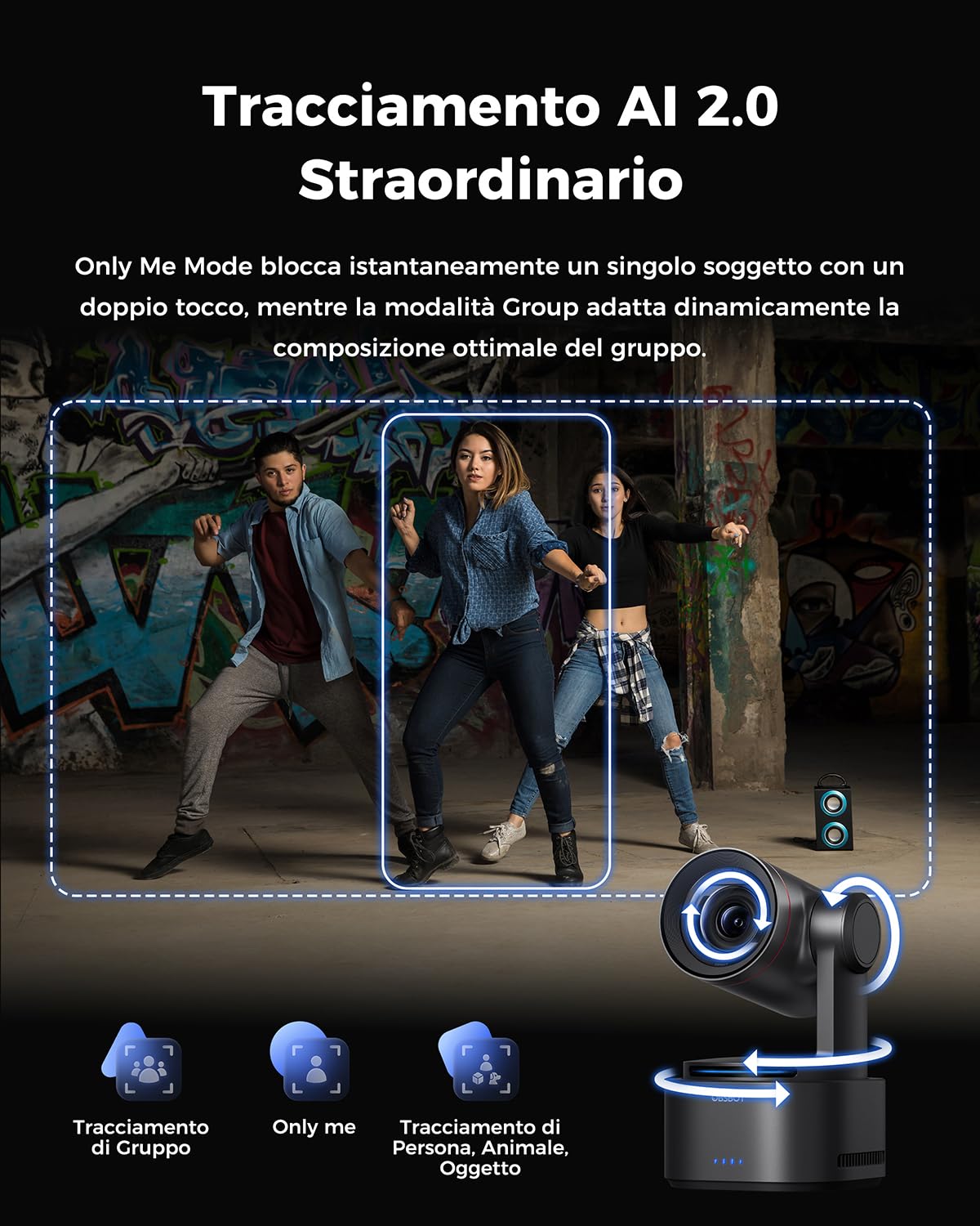 OBSBOT Tail 2 con NDI, PTZR Camera 4K@60FPS, Pro AI Tracking, 1/1.5" CMOS, 50MP, Zoom Ottico 5X, Zoom Ibrido 12X, Uscita SDI/HDMI/IP/USB 3.0, Live Streaming per Istruzione, Conferenze, Culto, Live