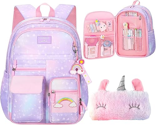Miniatura 10 de Mochila de arco iris degradado para niñas,Mochila escolar para estudiantes con bolsa para bolígrafos,Bolsa de viaje para portátil con arcoíris