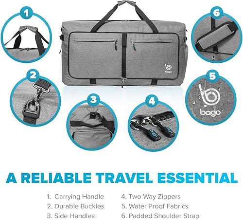 Miniatura 8 de Bago Bolsa de viaje para hombre y mujer, ligera, plegable, bolsa de lona para equipaje de 15.85 gal, 21.13 gal, y 26.42 gal (60 L, 80 L y 100 L)