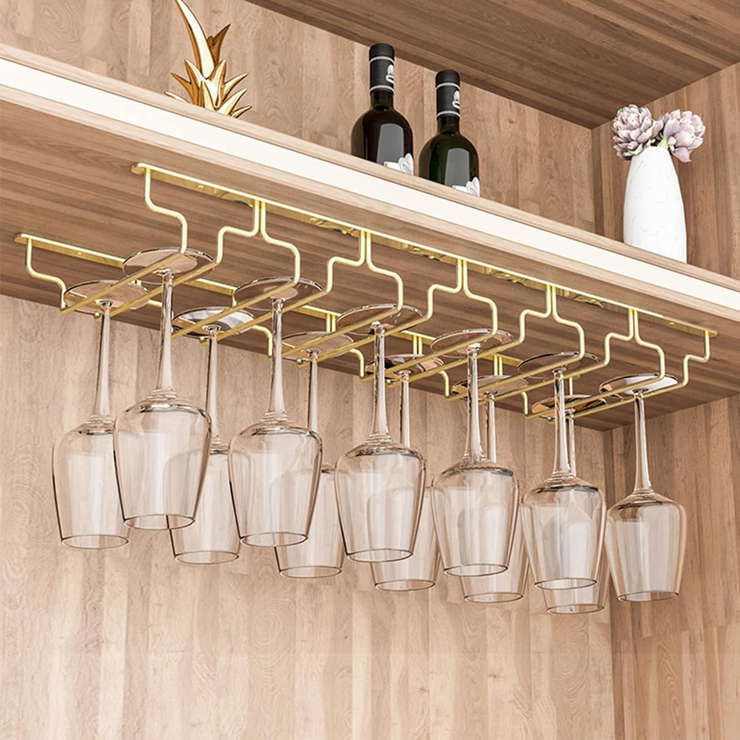 Gold Wine Glass Rack Hanging Metal 304 Stainless Steel Under Cabinet Shelf Stemware Racks Wine Champagne Goblets Holder for Kitchen Bar Pub Burgundy,Gold 68.5x28x5.5cm