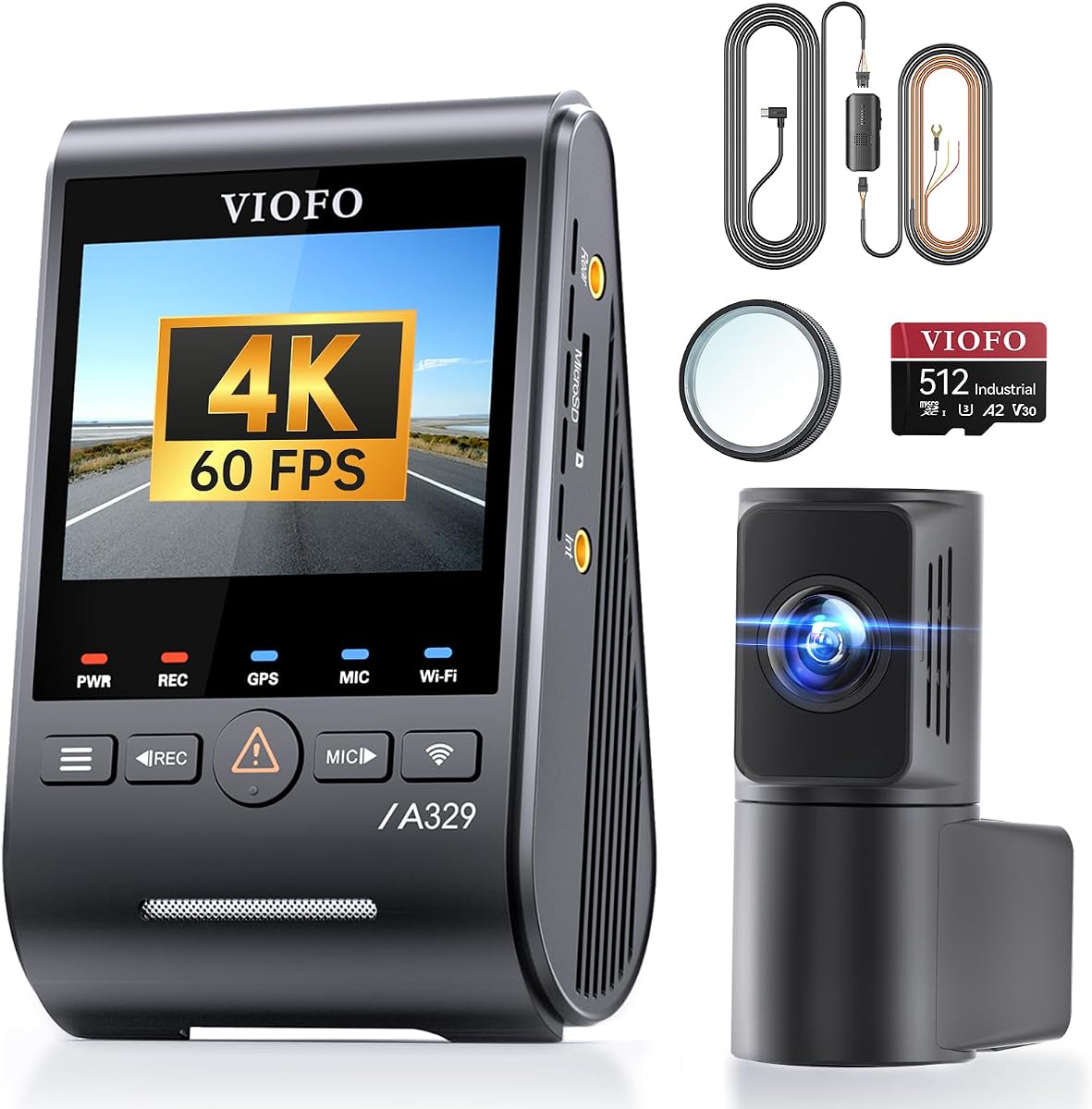 【Paquete: A329S 2CH+Tarjeta de 512GB+HK6+8PCS Juego completo de fusibles】 VIOFO A329S 4K 60FPS Dash Cam delantera y trasera, cámara de tablero dual 4K+2K para automóviles, modo de estacionamiento de ahorro de energía, control de aplicación Wi-Fi 6