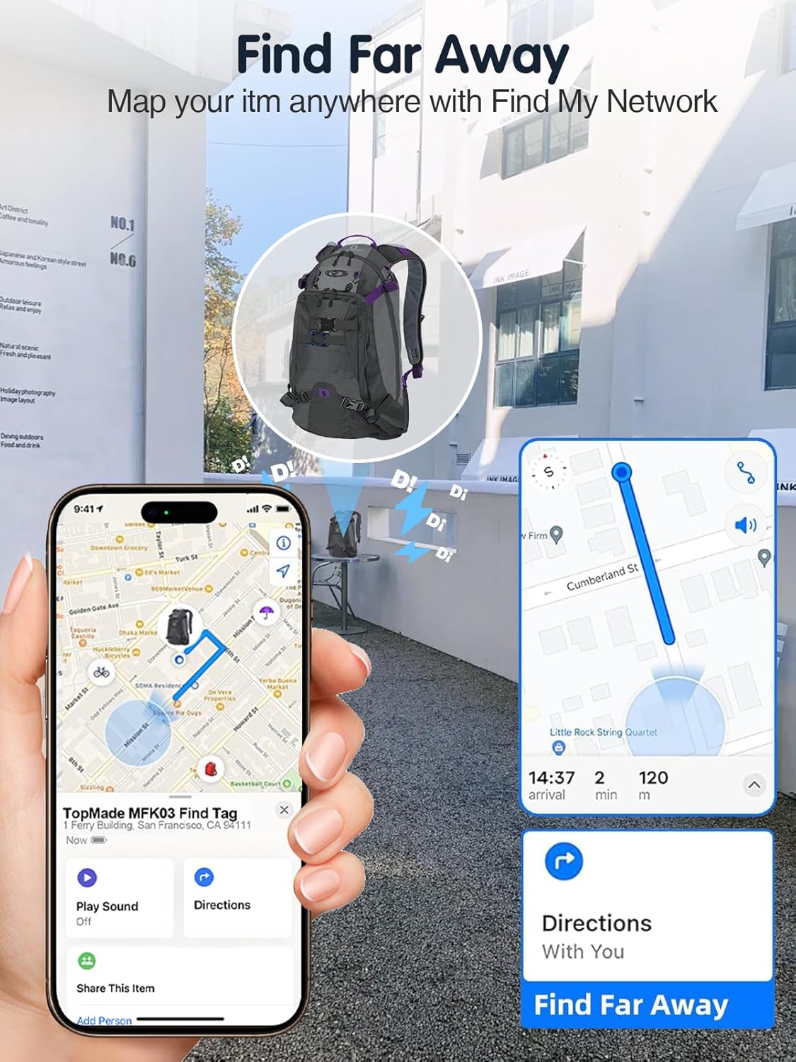 A smartphone displaying the Find My app showing a backpack's location on a map, with directions.