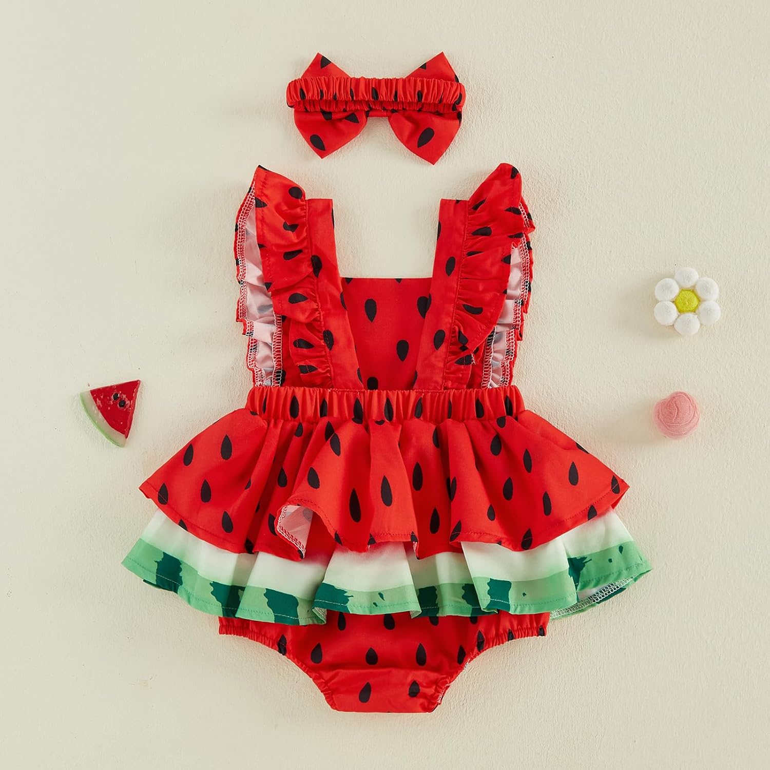 Baby Girl Watermelon Outfit Bubble Romper Dress Ruffle Sleeve Bodysuit Newborn Summer Clothes Infant Beach Outfits