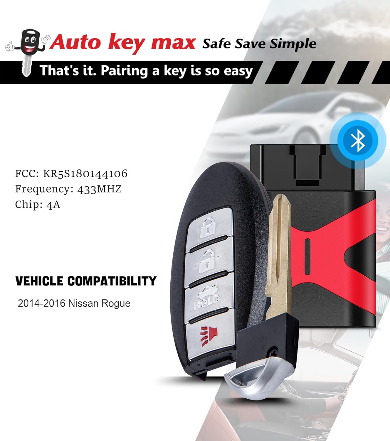 Simple Key Fob Smart Proximity Remote , Replacement for Nissan Rouge 2014 2015 2016 2017 2018 4A Chip KR5S180144106 (4 BTN KIT)