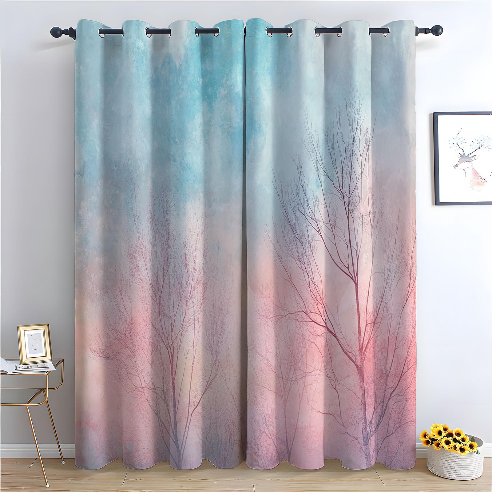 WQBQKKX Boho Abstract Line Curtains, Vintage Printed Living Room Darkening Trees Eyelet Curtain Botanical Thermal Insulated Noise Reducing Drapes Window Treatment-52 W x 84" L (Pack of 2)