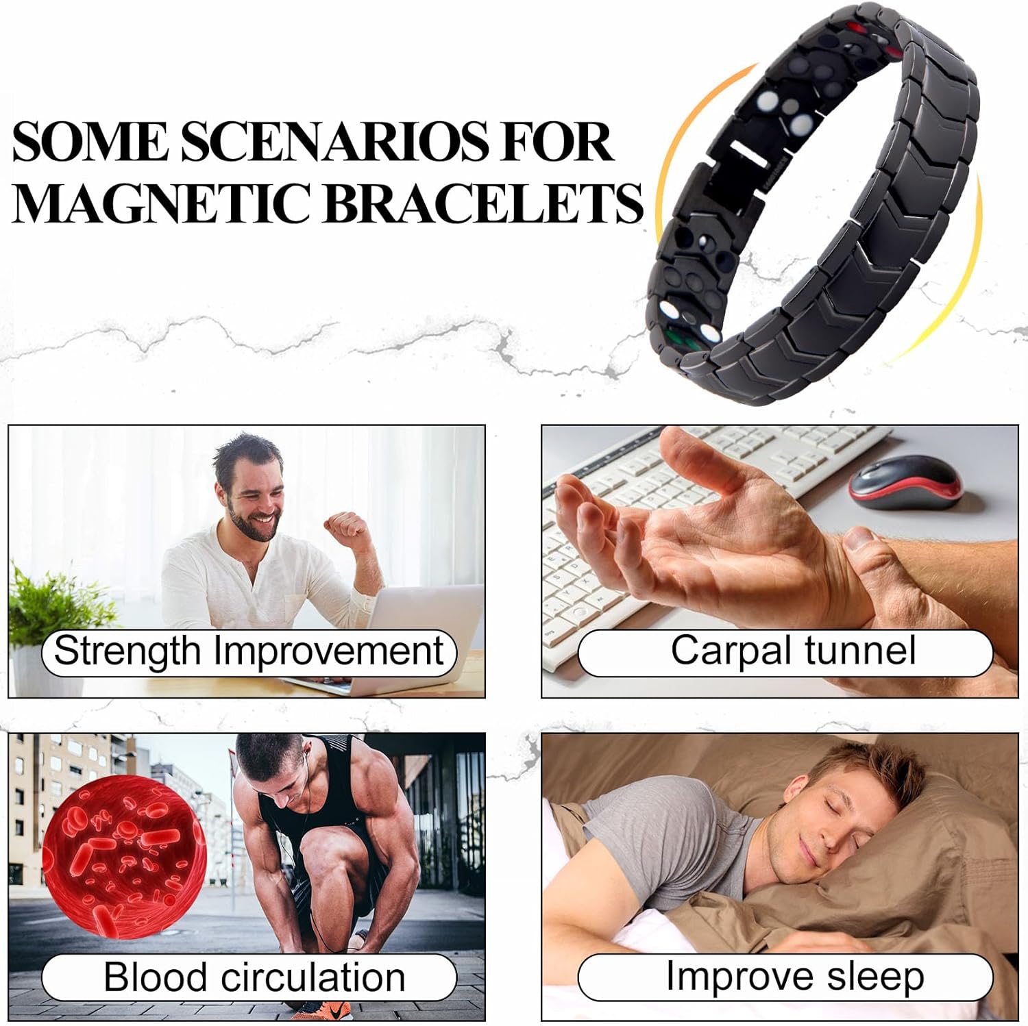 KYOSI Black Mens Magnetic Bracelet Three rows Magnet Link Stainless Steel Bracelet for Men Jewelry 8.66 inches - Image 7