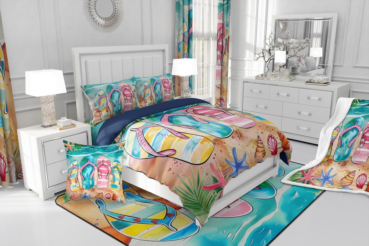 Manfei Beach Life Comforter Set Queen Size 3 Pcs,Hawaii Seaside Flip Flops Watercolor Bedding Set,Summer Coastal Starfish Shell Conch Quilt Set for Young Adults,2 Pillowcases
