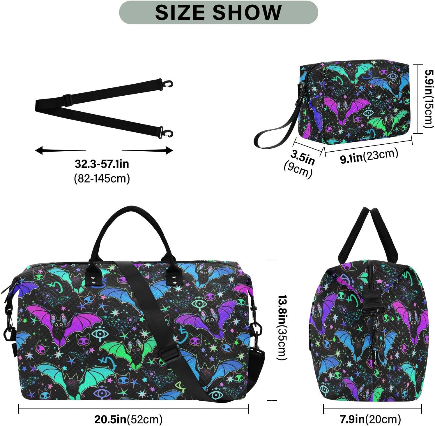 Magic Bat Quilted Travel Bags Weekender Duffle Bags With Toiletry Bag Carry on Overnight Duffels Yoga Gym Bag for Airplanes Business Sports