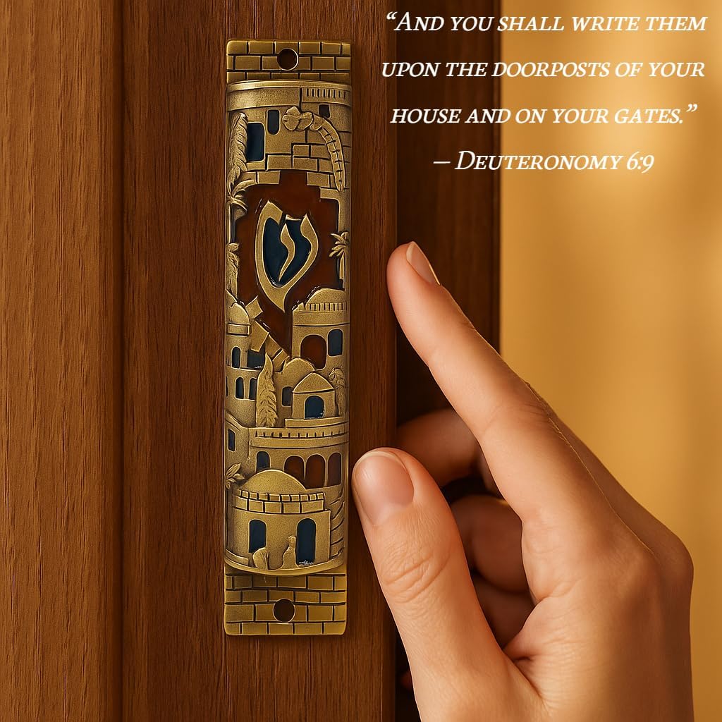 TALISMAN4U Gold Enamel Jewish MEZUZAH CASE with Scroll Jerusalem Israel Judaica Door Mezuza 4"