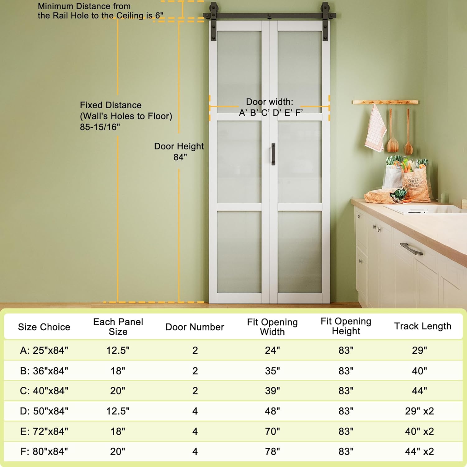 48" x 84" Paintable Frosted Glass Bi-Fold Sliding Barn Door, Pre-Assembled Solid Core Panel Bifold Barn Door with 58" Track Kit, Water-Resistant Primed White Finish, Effective Sound Reduction