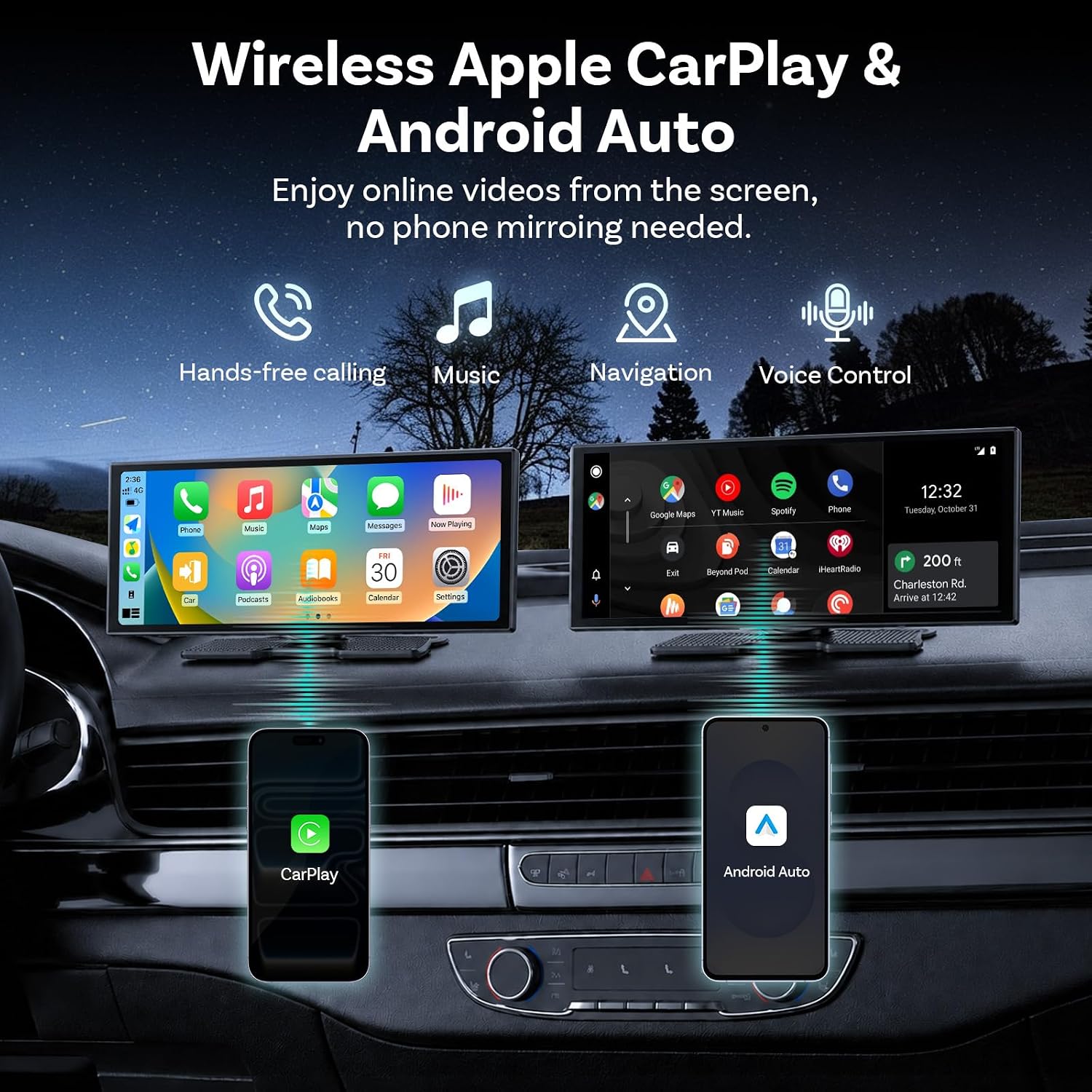 OTTOCAST ScreenFlow displaying Apple CarPlay and Android Auto interfaces, showing hands-free calling, music, navigation, and voice control icons.