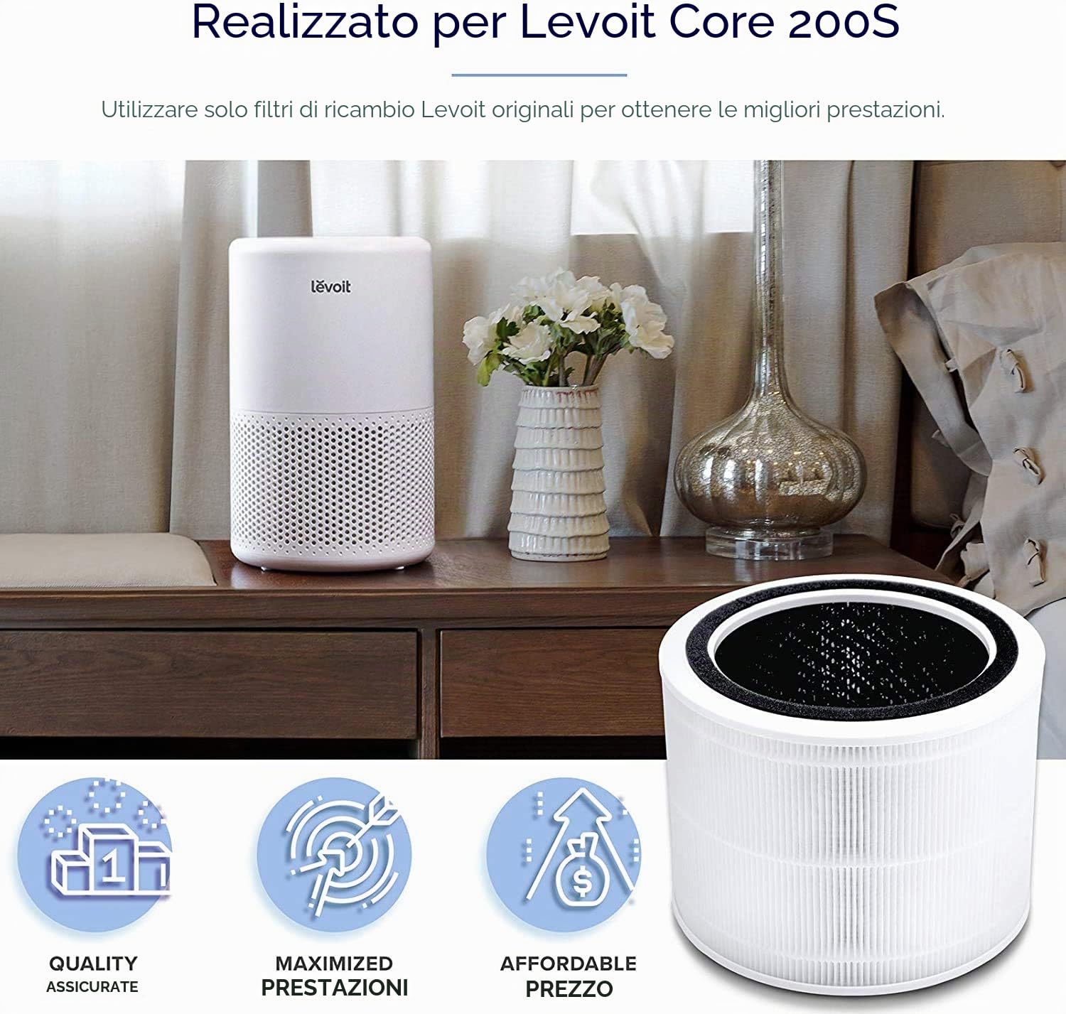 LEVOIT Core 200S-RF Filtro purificatore d'aria, HEPA 3 in 1, carbone attivo ad alta efficienza, bianco [classe energetica A++]