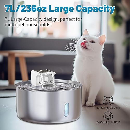 Miniatura 4 de Fuente de agua automática inalámbrica para mascotas, cuenco de agua lenta de 7 l236 onzas para gatos y perros, dispensador de acero inoxidable con