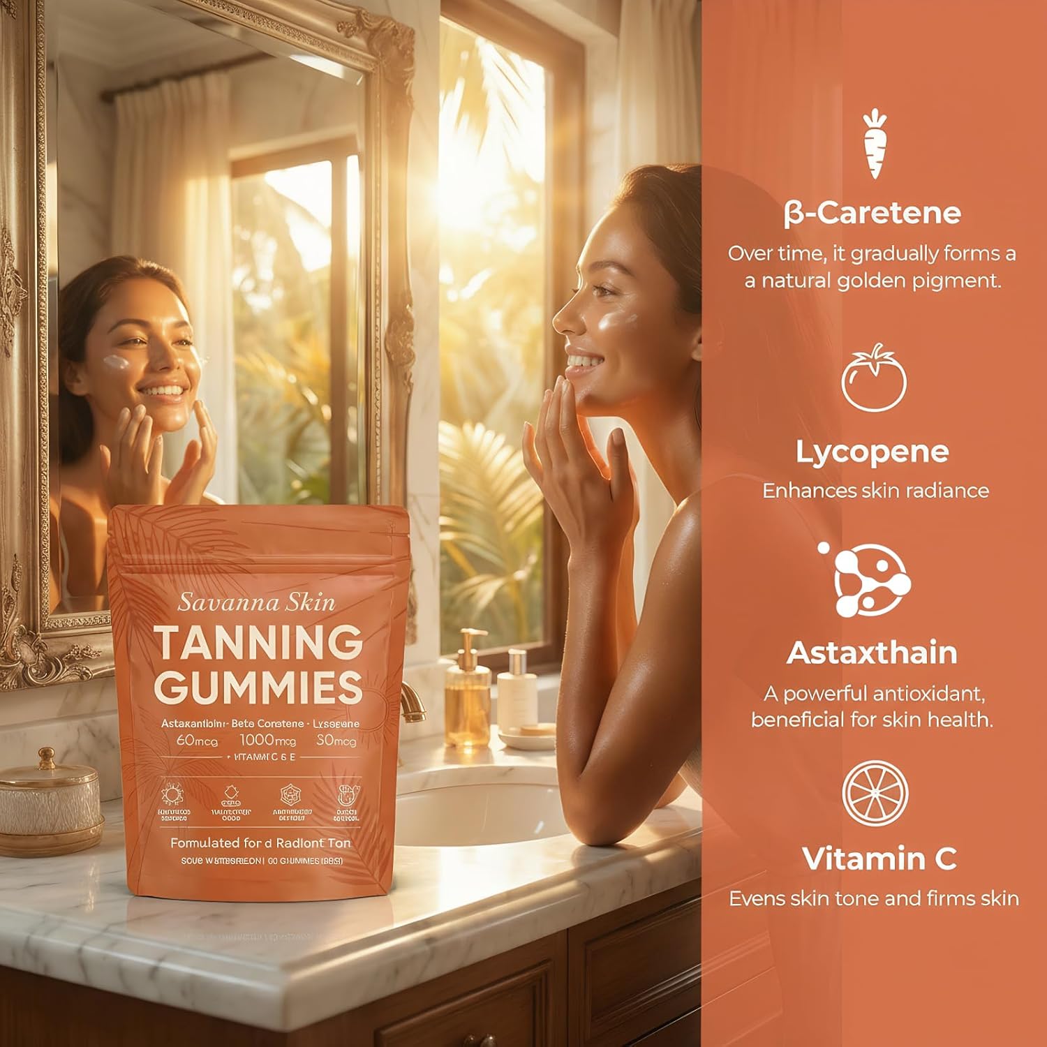 Savanna Skin Tanning Gummies, with Astaxanthin, Beta-Carotene, Lycopene & Vitamins, Radiant Healthy Skin, Vitality Support & Hydration, Vegan, Sugar-Free, Sour Watermelon Flavor, 60 Count (1)