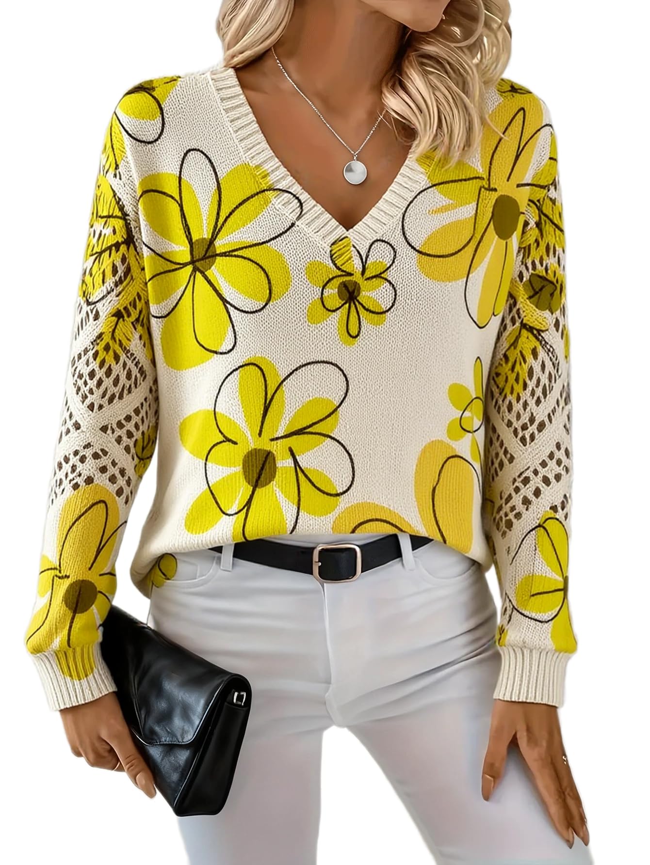 Womens Boho Floral V Neck Knit Sweater Crochet Cutout Hollow Cable Long Sleeve Winter Spring Pullover Jumper Top