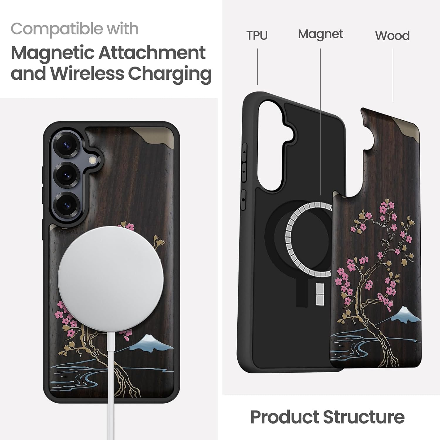 Magnetic for Samsung Galaxy S25 Case Compatible with MagSafe Wireless Charging, Natural Black Wood Cover & Shockproof TPU Case, Hand-Drawn Pattern - Cherry Blossom Serenity