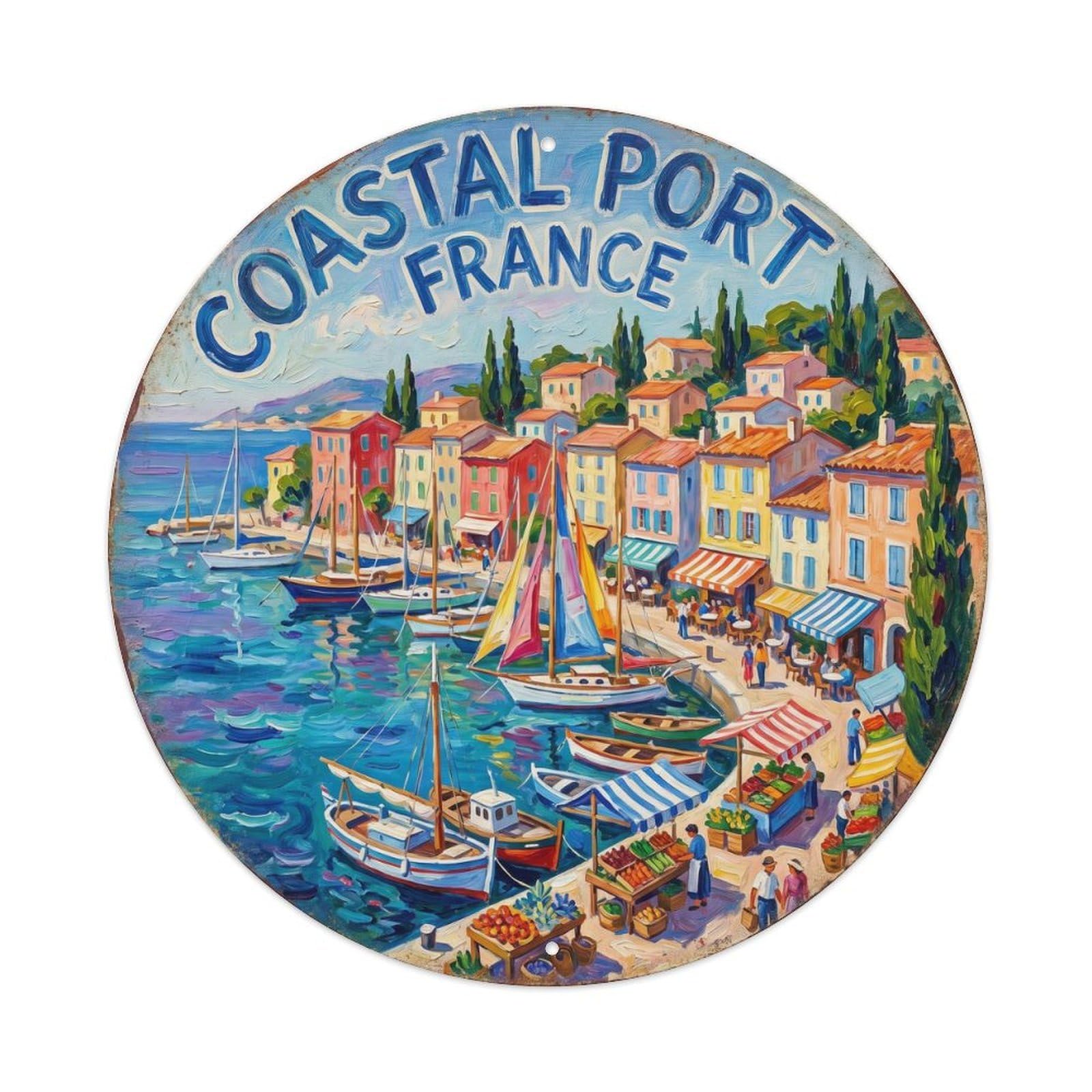 Vintage Travel Coastal Port France Mediterranean Metal Tin Sign Plaque Wall Decor for Cafe, Club, Garden Round Metal Poster 8x8Inch