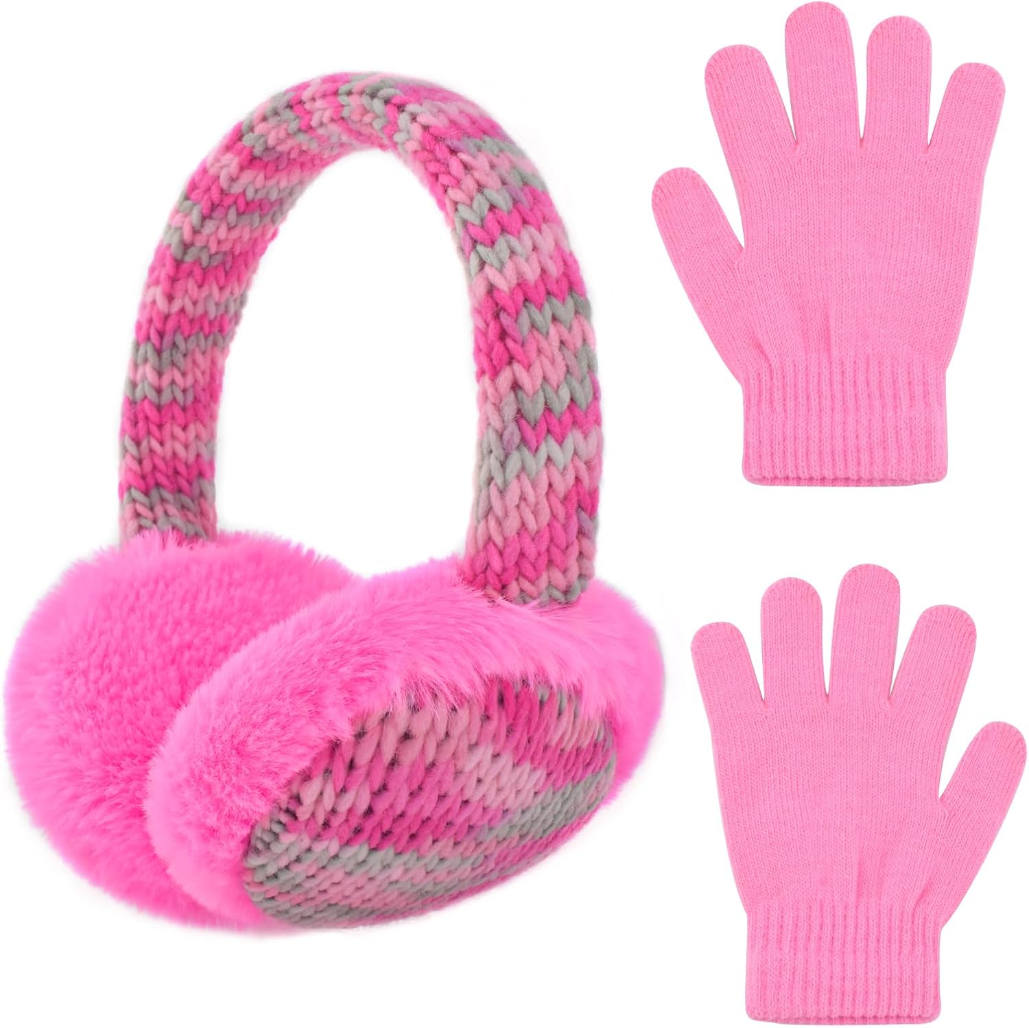 Knit Ear muffs Gloves Set for Kids Adjustable Winter Warm Furry Cat Ear Warmers for Girls Boys Outdoor - Image 2