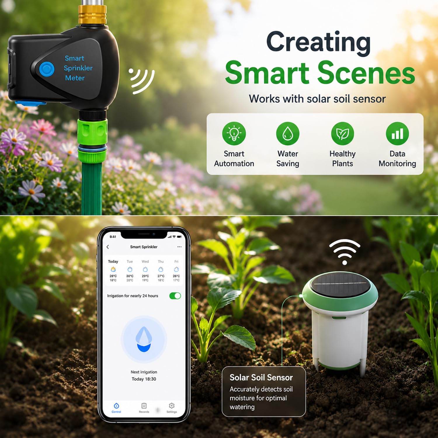 WiFi Bewässerungstimer mit Wasserzähler, Smarter Sprinkler-Timer für Garten und Rasen, App- und Alexa-Steuerung, Regenverzögerung, IP65 Wasserdicht, 3/4 Zoll Messinganschluss