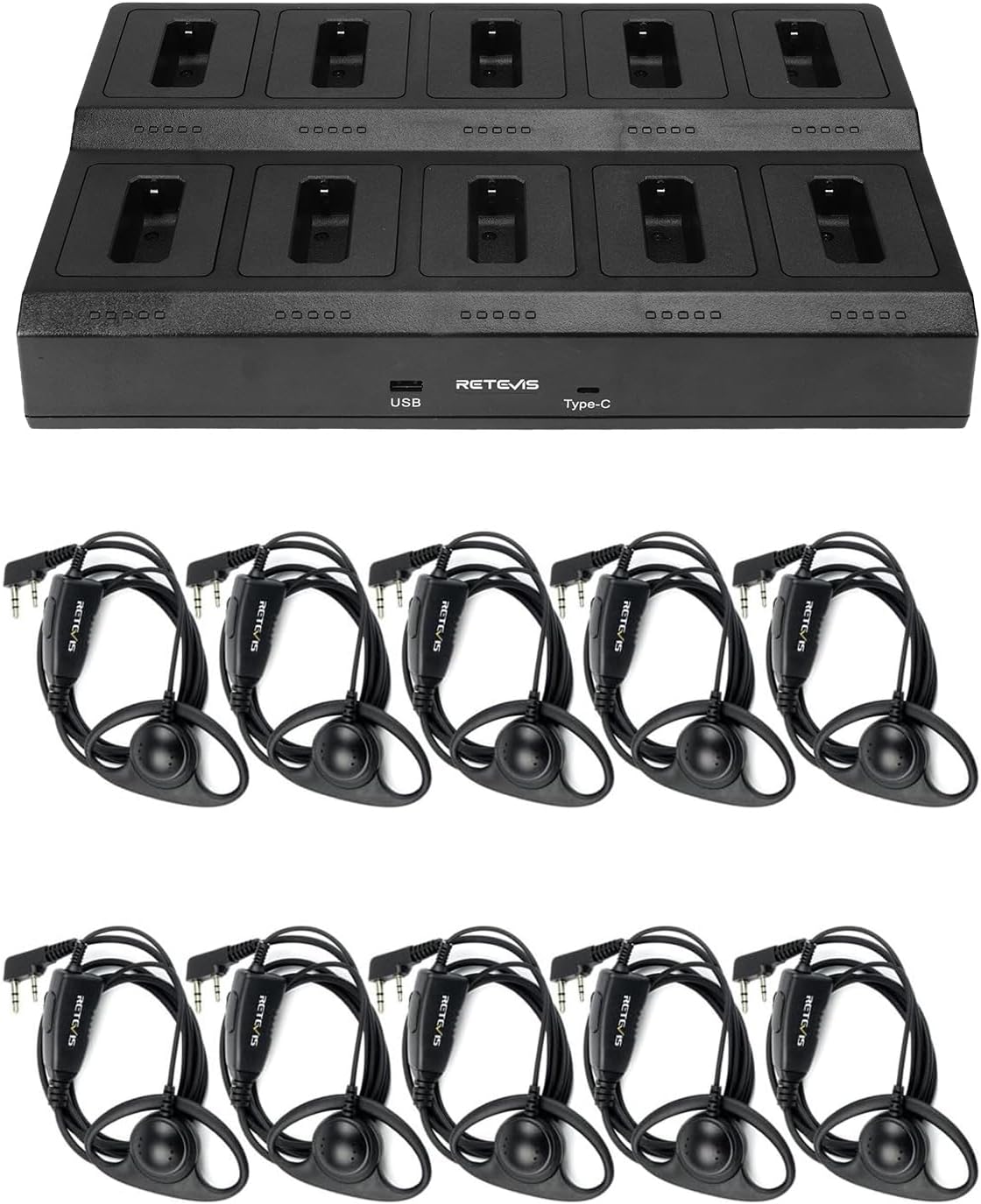 Retevis RT22 10-Way Walkie Talkie Charger (1 Pack) Bundle with Earpiece(10 Pack),Walkie Talkies Earpiece with Mic 2 Pin D-Type Headset,Ten Way Multi Unit Charger,5 LED Indicators,Compatible with Retev