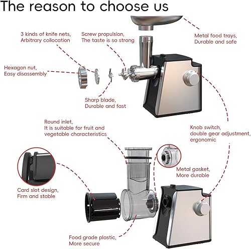 Miniatura 6 de Picadora eléctrica de carne de 2800 W, máquina de relleno de salchichas, trituradora de verduras 4 en 1 con 3 rebanadas, cuchillas trituradoras, 5