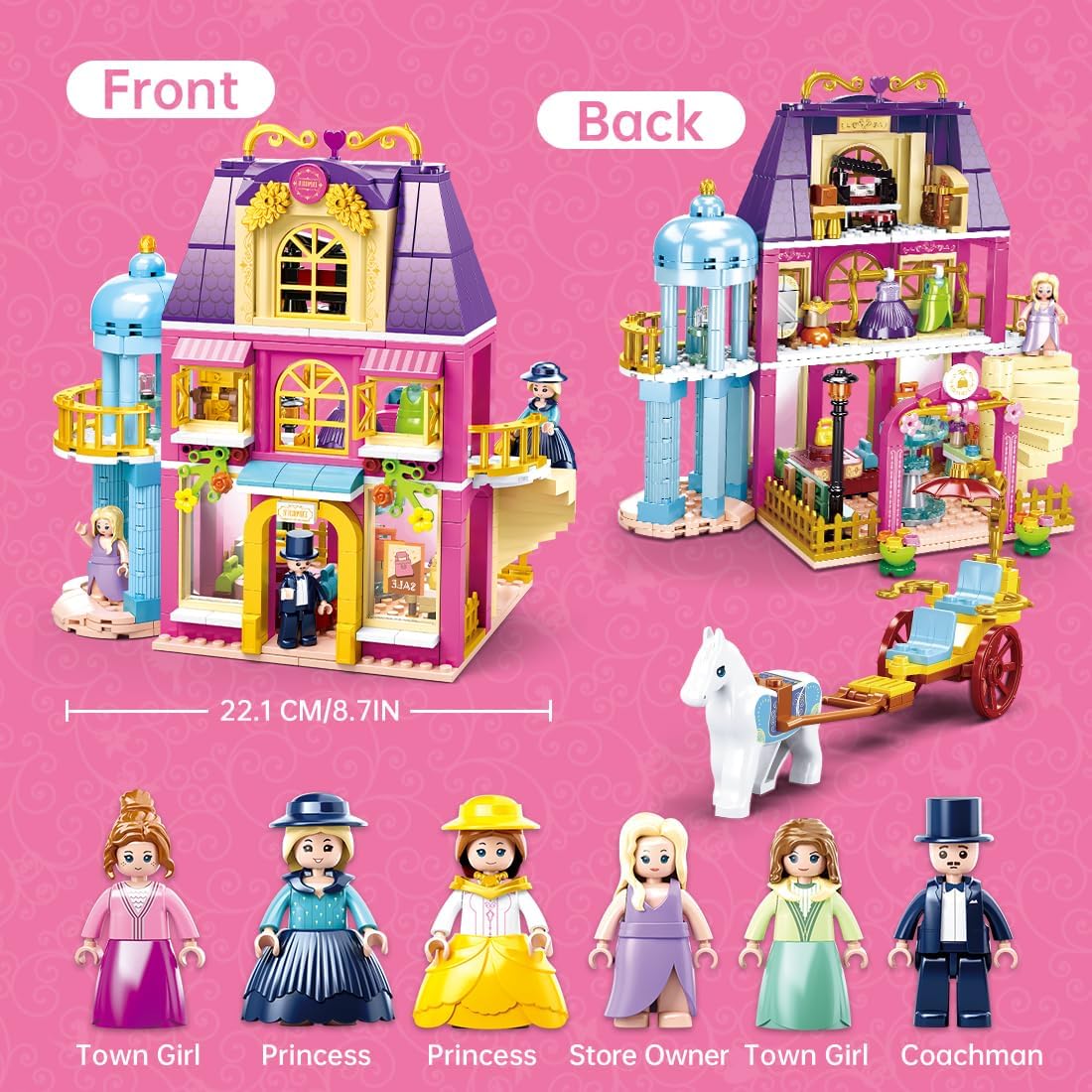 Sluban 8-12 Girl Friends Fashion Shop Building Sets, Princess Shopping Mall Store House Kits with a Horse Car, 7 Doll Minifigures, Compatible with Lego, Birthday Thanksgiving for Girls 6 7 8-12