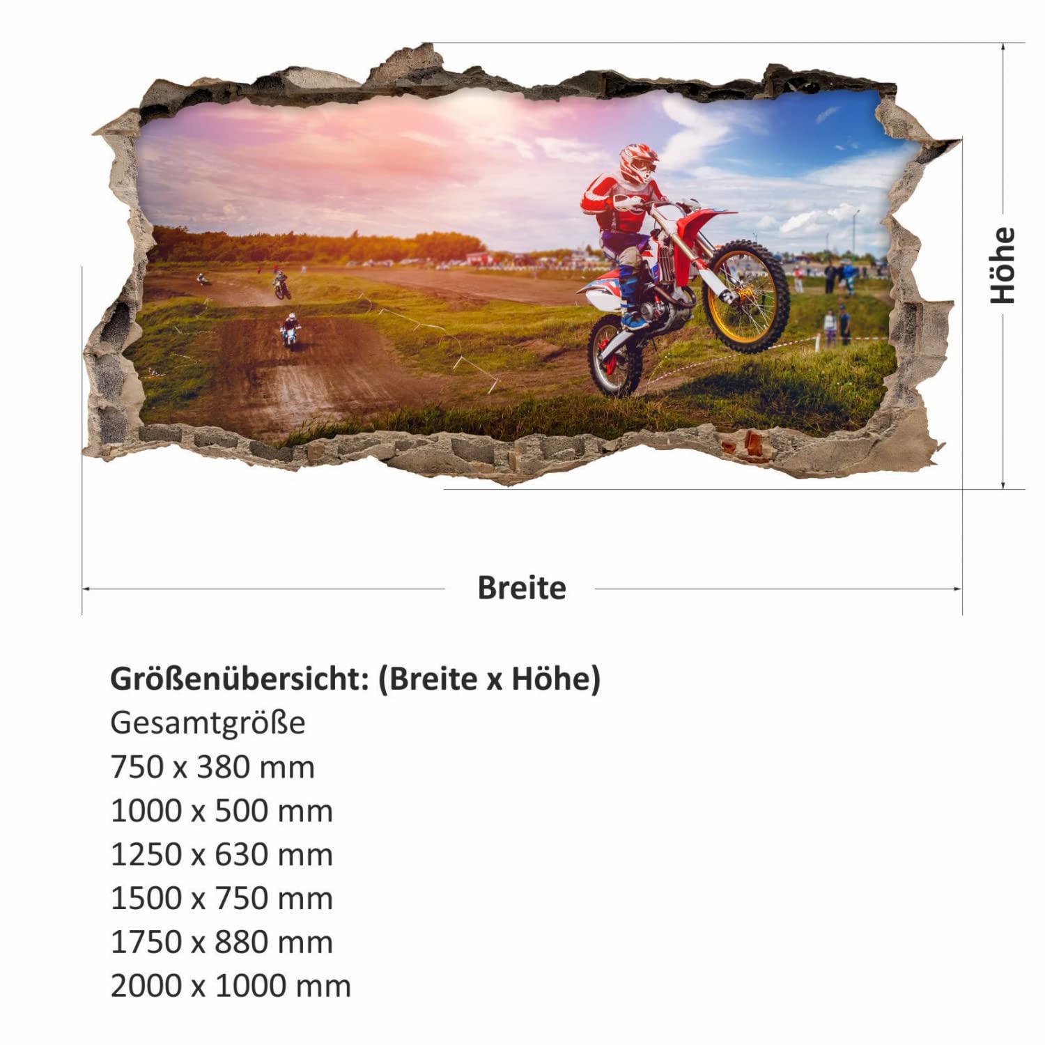220 Wandtattoo Motocross - Loch in der Wand - Größe 2000 x 1000 mm - in 6 Größen - Kinderzimmer Sticker Wandaufkleber Wanddeko Wandbild