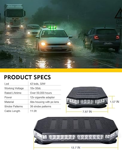 Miniatura 7 de LUMENIX Barra de Luz Estroboscópica de Baliza LED de 42 Luces para Techo, Advertencia de Peligro, Luces Intermitentes de Emergencia para Quitanieves